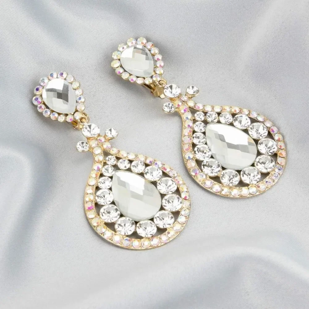 Yellow Gold with Diamond and AB Austrian Crystal Chandelier Clip On Earrings